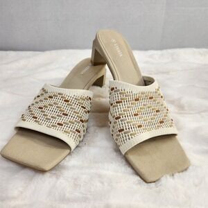 Vivaia Womens 42 Sz 10.5 Cream Beige Woven Knit Square Toe Block Heel Sandals